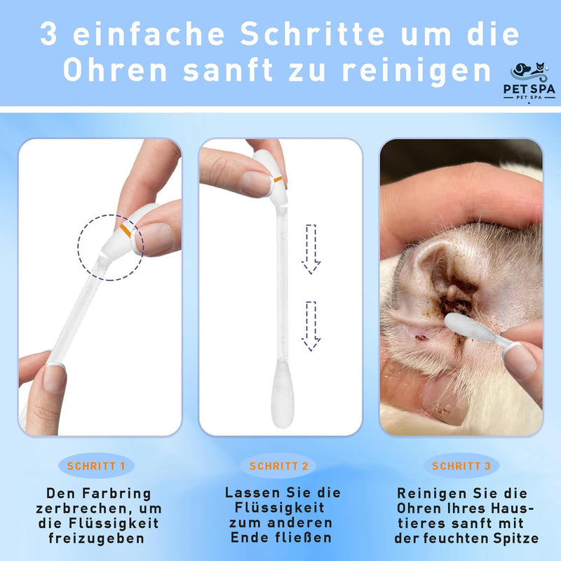 PET SPA 2 in 1 Pet Cotton Buds - Natural and Gentle Ear Cleaner for Dogs and Cats - Removes Earwax Dirt and Odour - Individually Packed for Easy Application - Pack of 50
