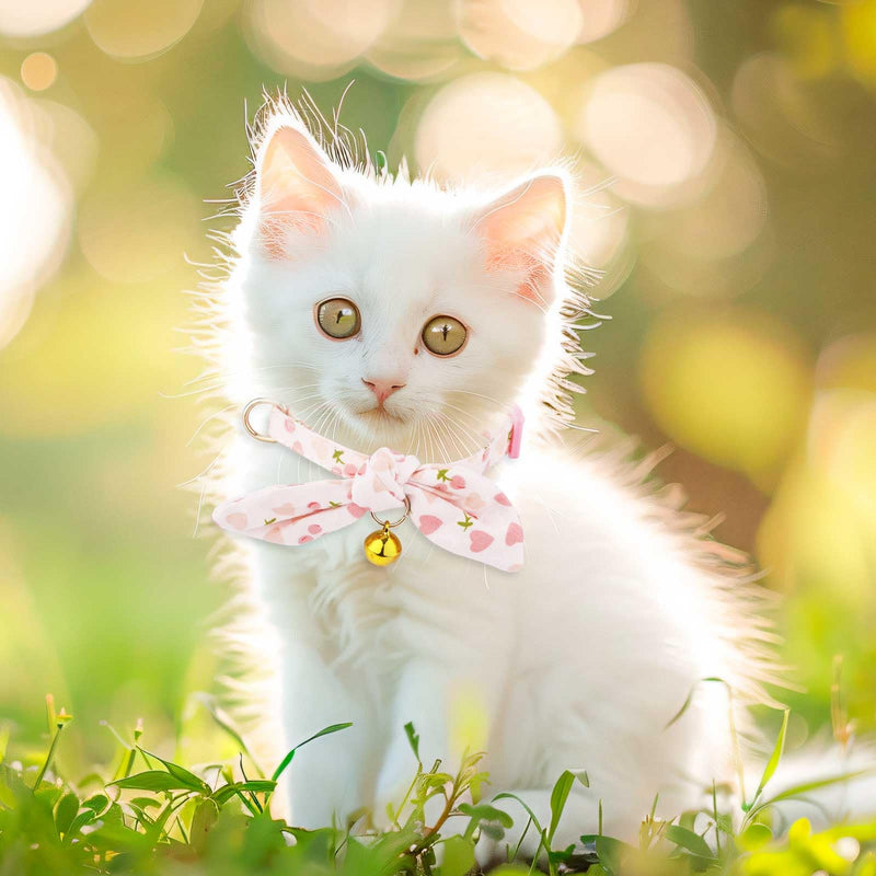 2pcs Cotton Bowtie Cat Collar with Bell, Breakaway Cute Bow Tie Kitten Collars Adjustable Cherry & Pink Heart Cat Collar for Female Cats Girl and Boy Pets - BeesActive Australia