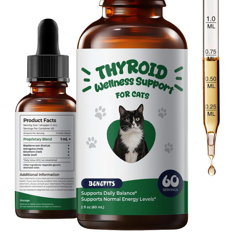 Thyroid Support for Cats, Appetite Stimulant Cat Drops & Weight Gainer, Daily Herbal Drops with Bladderwrack, Astragalus & Nettle Leaf, Supports Metabolism Balance & Everyday Vitality, 2 fl oz