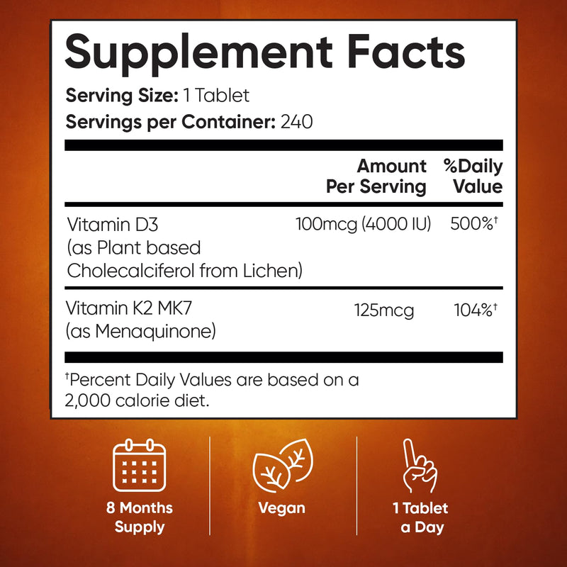 WeightWorld Vitamin D3 K2 4000 IU for Bone, Immune, Vascular Health & Max Calcium Absorption | 8-Month Supply | Lichen-Sourced Vegan D3 and K2 Supplements | K2 D3 Vitamin Supplements, Non-GMO Vitamin D3K2 4000IU Tablets