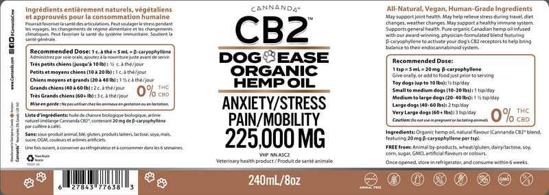 CB2 HEMP SEED OIL FOR DOGS. Extra Strength For Pain & Anxiety. Advanced Hip & Joint Supplement. Calming & Relaxing Effect. Improves Mobility. All-Natural. 240mL/8oz EXTRA LARGE Bottle.