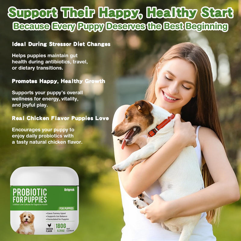 Probiotics for Puppies - 5 Billion CFU Digestive Health Supplement with 9 Strains & Prebiotics - Eases Tummy Upset, Gas & Soft Stools - Natural Chicken Flavor Powder - 180g (6.35 oz)
