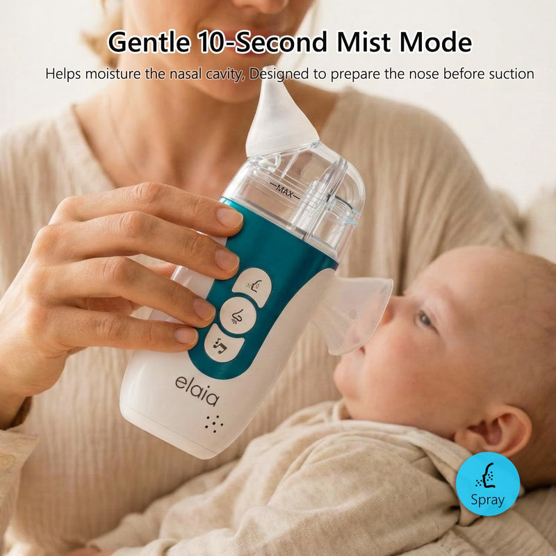 elaia Nasal Aspirator for Baby with Spray, 2-in-1 Electric Baby Nose Sucker with Fine Mist 5 Suction Levels up to 65kPa, BPA-Free, Quiet Baby Nasal Aspirator, Portable Snot & Booger Sucker for Infants