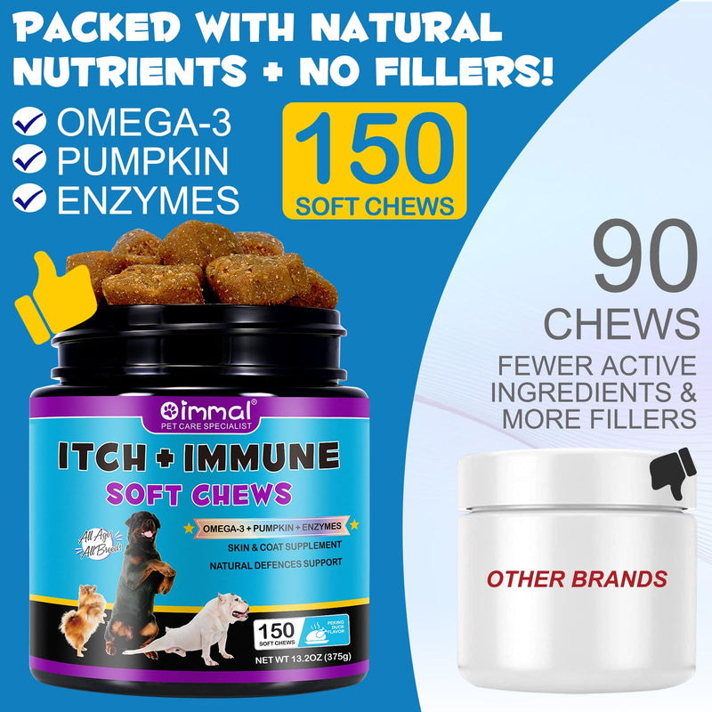 Itch and Immune Chews for Dogs(150 Chews),Skin & Coat Supplement,Soothe Itchy Paws,Skin,Eyes, Ears, Supports Seasonal Itching,for All Breeds and Sizes,Peking Duck Flavor 150 Count(Pack of 1)