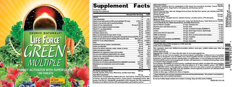 Source Naturals, Life Force® Green Multiple - 180 Tablets | Energy Activator with Superfoods* 180 Count (Pack of 1)