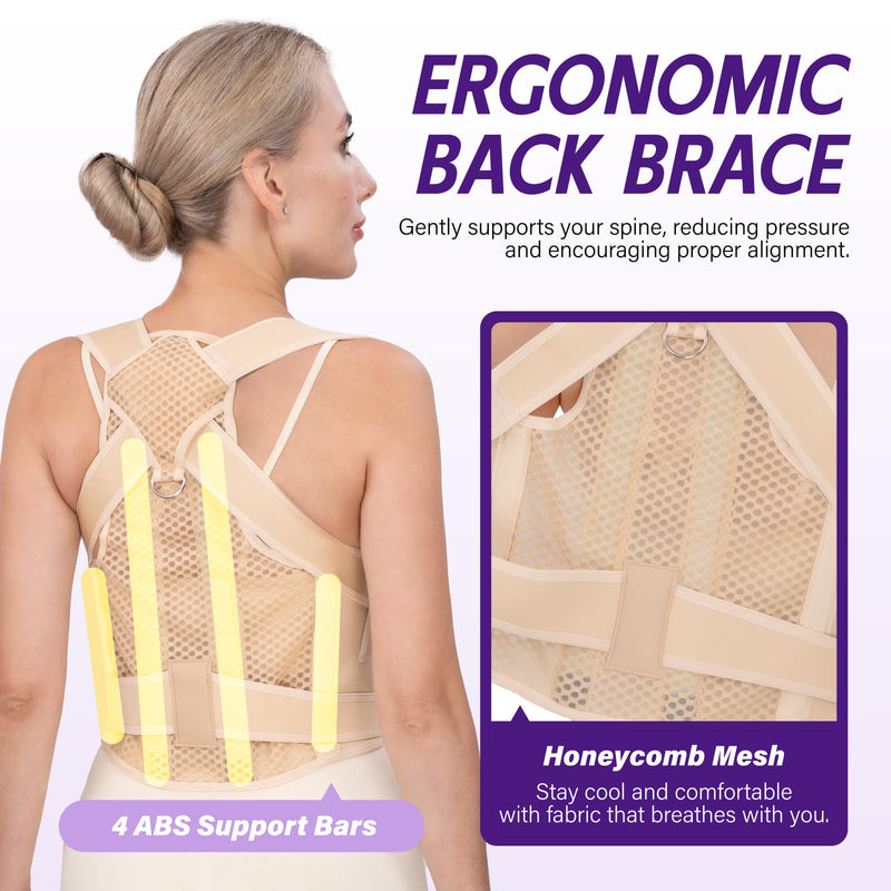 Back Brace Posture Corrector for Women & Men, Adjustable Full Back Support, Shoulder Straightener for Upper & Lower Back Pain Relief-Scoliosis, Hunchback, Waist Trainer (Medium, Beige) Medium - BeesActive Australia