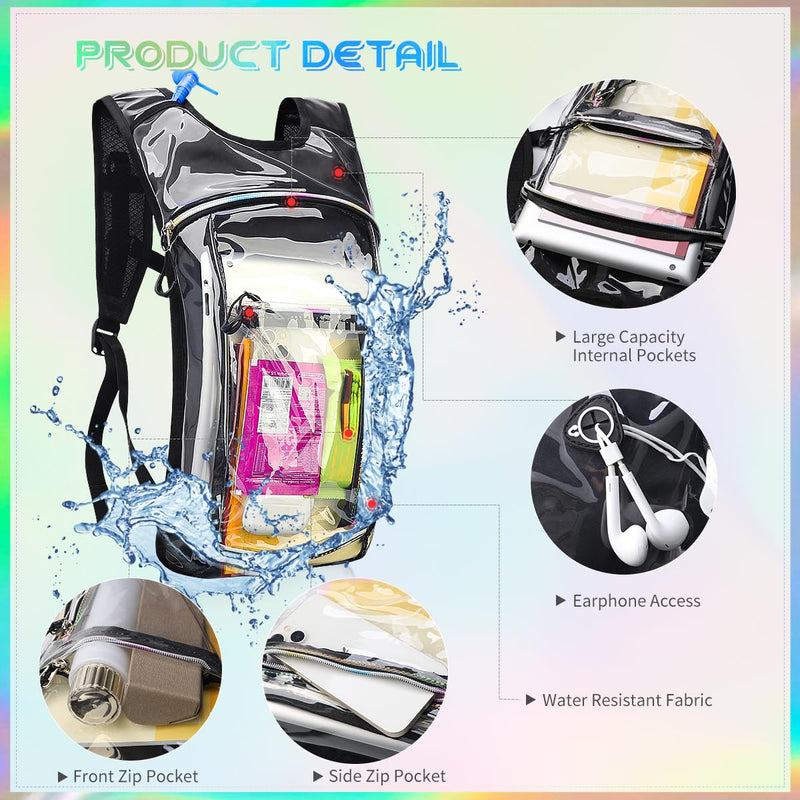 Hydration Backpack with 2L Water Bladder, Raves Water Backpack, Lightweight Insulation Hydration Pack for Men and Women, Suitable for Music Festivals, Raves, Hiking, Activities Transparent Clear