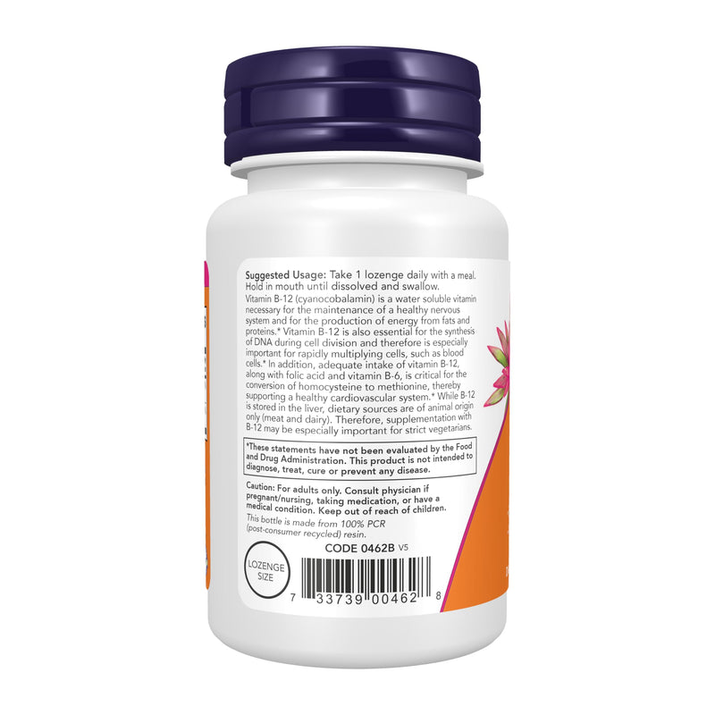 NOW Supplements, Vitamin B-12 5,000 mcg, With Folic Acid, Nervous System Health*, 60 Lozenges Unflavored 60 Count (Pack of 1)