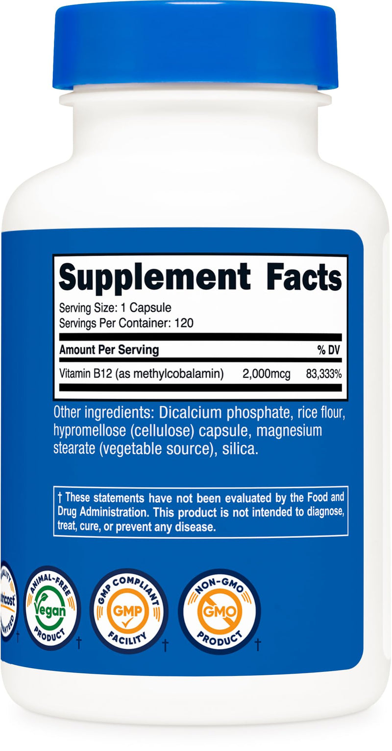 Nutricost Vitamin B12 (Methylcobalamin) 2000mcg, 120 Capsules, Gluten Free | Vegetarian Caps, GMO-Free B12 Supplement 120 Count (Pack of 1)