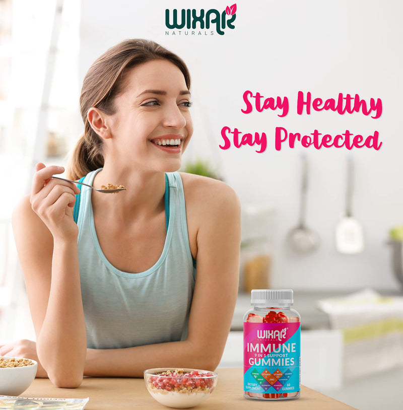 WIXAR NATURALS 9 in 1 Immune Support Gummies with Elderberry, Vitamin C&D, Zinc, Turmeric, Ginger, Echinacea, Astragalus & Sea Moss for Immunity Supplement - 60 Gummies