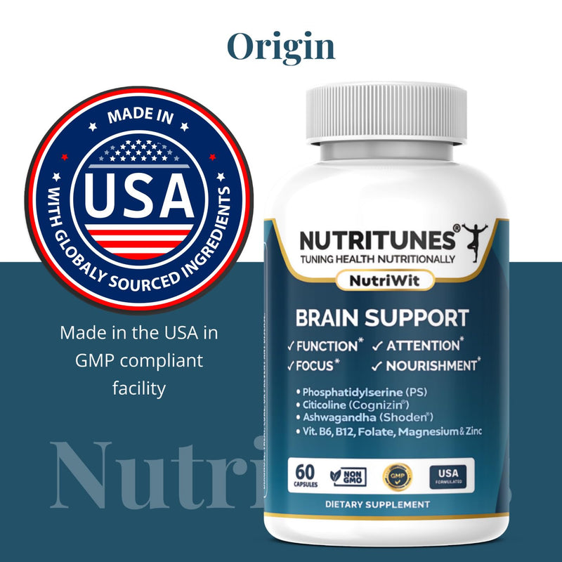 NutriWit Brain Health Supplement - 60 Capsules | Features Cognizin Citicoline, Shoden Ashwagandha, Phosphatidylserine, B Vitamins, Magnesium, and Zinc Blend