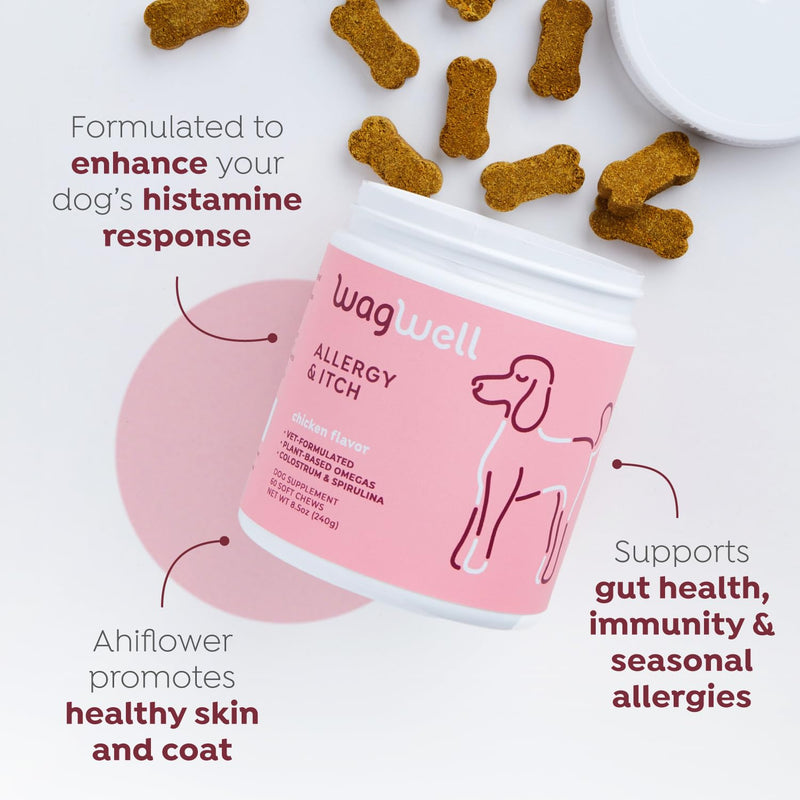 WagWell Allergy and Itch Chews – Chicken Flavored Dog Allergy Chews – Plant Based Dog Chews with Colostrum and Spirulina – Dog Skin and Coat Supplement for Itch Relief and Digestive Health, 60 Chews - PawsPlanet Australia