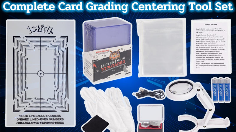 Sports Card Grading Kit,Card Grading Centering Tool Set,LED Magnifying Table Lamp,High Intensity Magnifying Loupe, Microfiber Cloth,Gloves,Soft Sleeves,Card Holders,Batteries