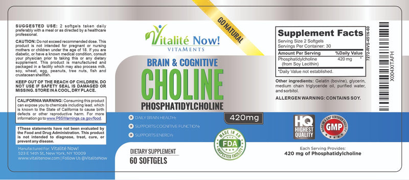 Vitalité Now! Choline Phosphatidyl, High Potency, Phosphatidylcholine 420mg | Phospholipid, Pregnancy Support, Mental Clarity, Energy, Liver, Brain, & Cognitive Health, Softgels, Non-GMO, Made in USA