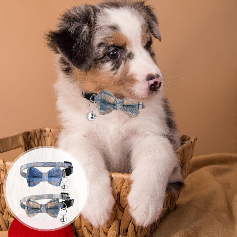 2PCS Blue and White Plaid Cat Collar with Bells, Cat Collar Breakaway Bowtie with Bells, Removable Bow Tie Collar, Adjustbale Kitten Puppy Solid Plaid Color Set, Cute Plaid Kitten Collar Bowtie - BeesActive Australia