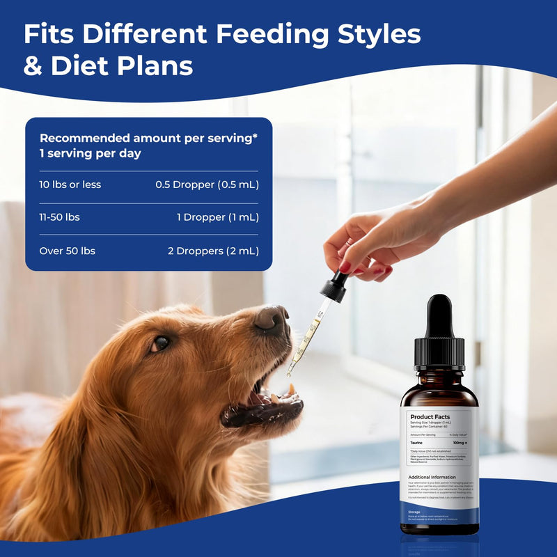 Taurine Supplement for Dogs Liquid Drops, Amino Acid Support for Heart & Muscle Function, Daily Canine Nutrition Supplement, 60 mL × 2 Bottles
