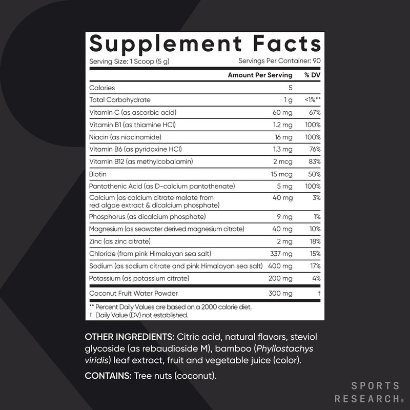 Sports Research® Hydrate Electrolytes Raspberry Lemonade, 90 Servings | Sugar-Free & Flavorful with 7 Essential Vitamins, 65 Trace Minerals, and Coconut Water for Whole Body Hydration 15.87 Ounce (Pack of 1)