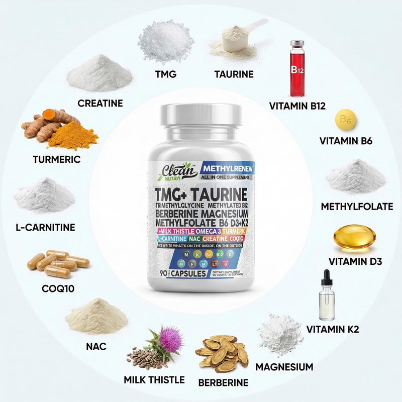 Clean Nutra TMG Supplements 1000mg | Methylated Multivitamin for Women Men | Taurine B6 Vitamins B12 D3 K2 Trimethylglycine Magnesium Methylfolate Milk Thistle NAC COQ10 B Supplement Complex Capsules