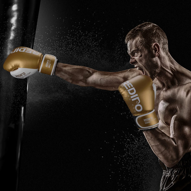 Boxing Gloves for Men & Women, Premium Leather Sparring Heavy Bag Training Gloves, Pro Punching Bag Gloves for Muay Thai, Kickboxing, MMA 14OZ Gold