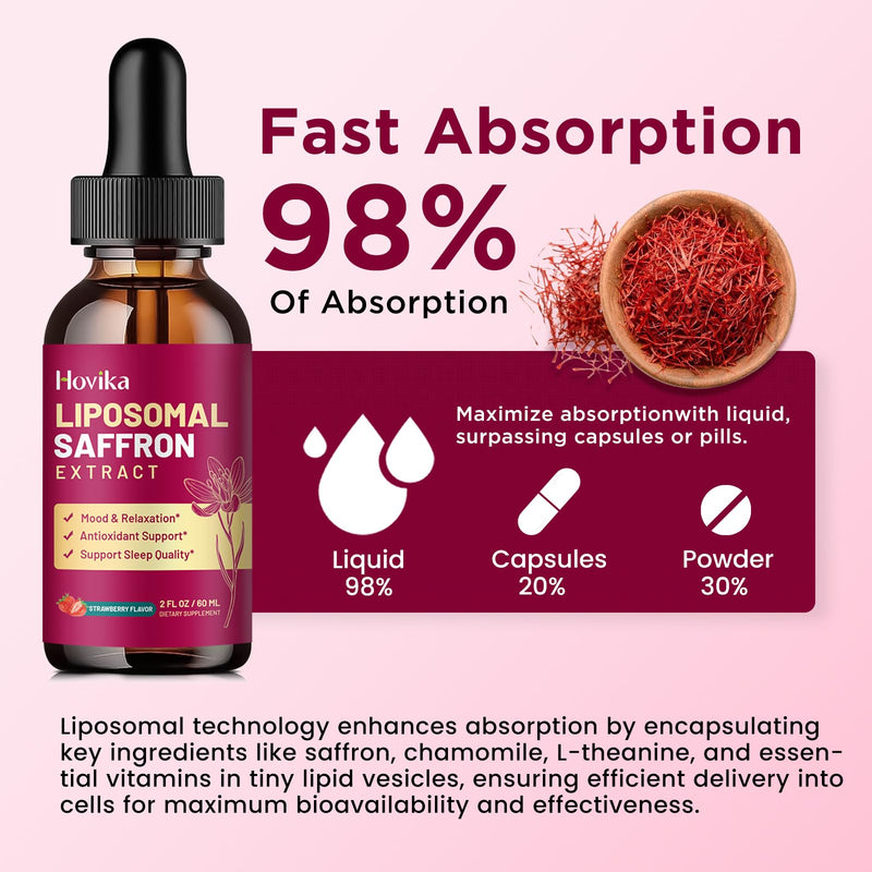 2 Pack Liposomal Saffron Supplements - 88.5mg Saffron Extract Liquid Drops with L-Theanine, Chamomile, Vitamin C, B6, B12 & D3 for Antioxidant, Immune, Mood, Energy, Focus & Sleep - Strawberry Flavor 2 Fl Oz (Pack of 2)