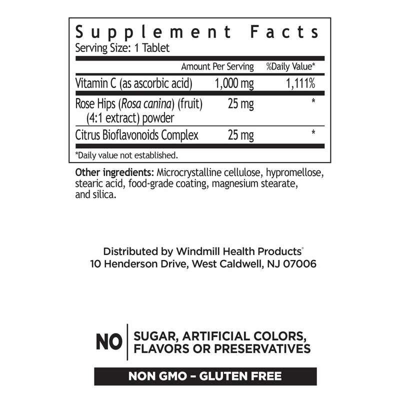 Windmill Natural Vitamins Vitamin C 1,000mg Time Released, with Rose Hips and Bioflavonoids, Packed with Antioxidants, Supports Immune System, 180 Servings, 180 Count