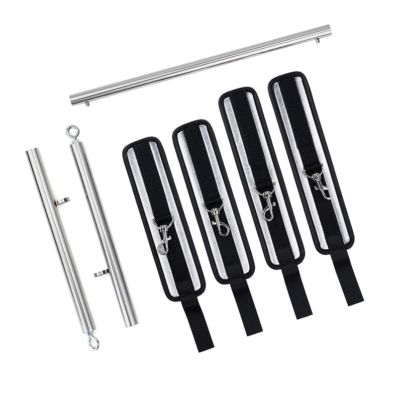 3 in 1 Heavy Duty Stainless Steel Expandable Spreader Bar with 4pcs PU Rose-Gold Adjustable Straps,Workout Bar for Home Gym Training Bar,Portable Detachable Pilates Kit Silver+Silver PU Kit