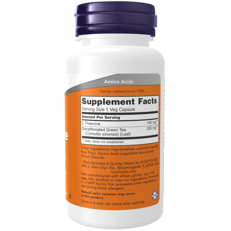 NOW Foods Supplements, L-Theanine 100 mg with Decaf Green Tea, Stress Management*, 90 Veg Capsules 90 Count (Pack of 1)