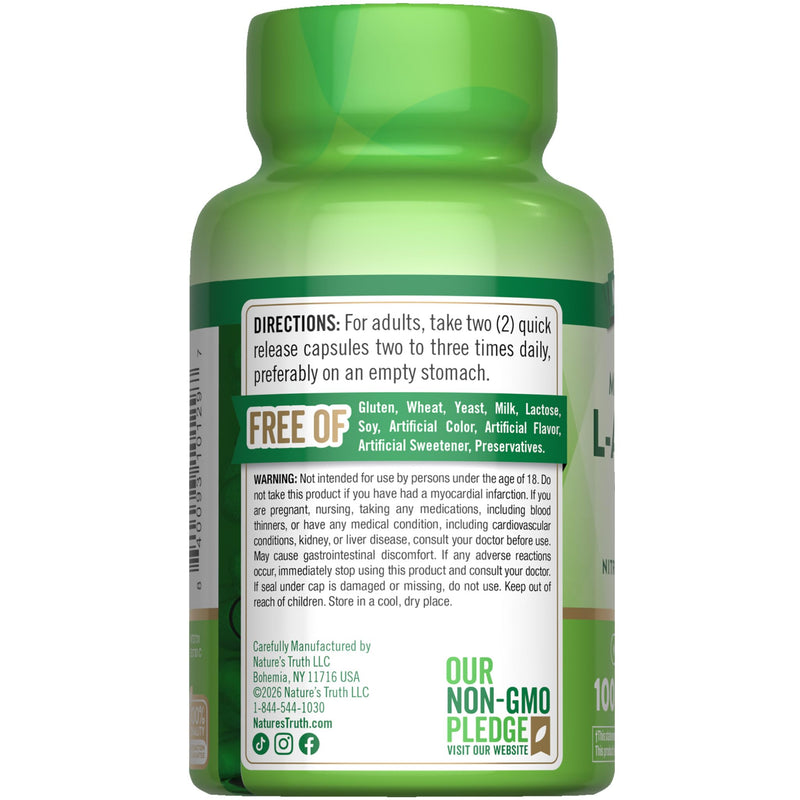 Nature's Truth L-Arginine 1000mg | 100 Capsules | Mega Strength | Non-GMO & Gluten Free Supplement | Non-GMO & Gluten Free Supplement