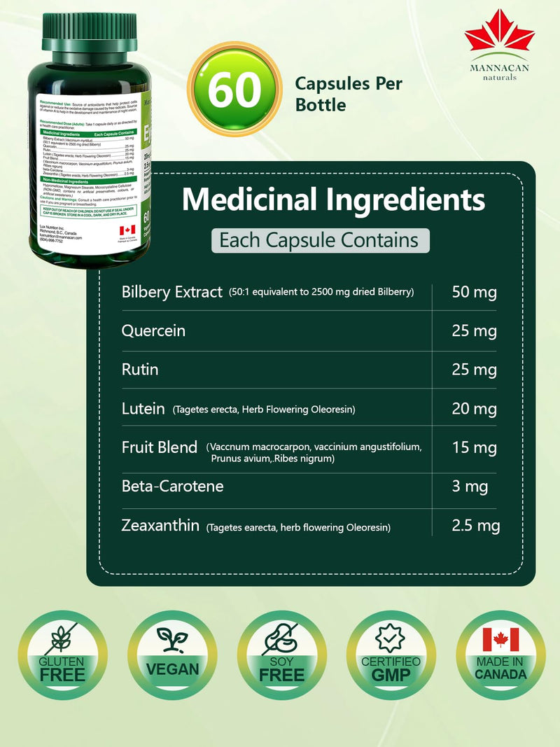 Lutein 20mg and Zeaxanthin Supplements, 60 Capsules, Lutein for Eyes, Eye Supplement,Bilberry Supplement for Eyes,Areds 2 Lutein Zeaxanthin Vitamin for Eyes Health for Adults 60 Count (Pack of 1)