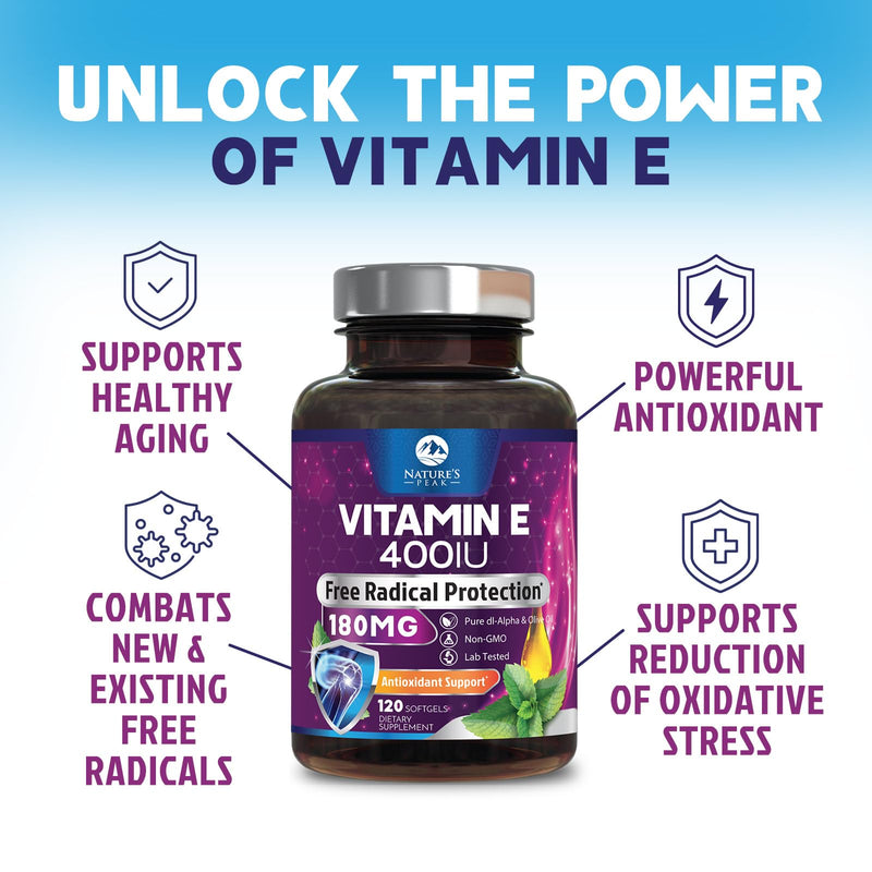 Vitamin E 180 mg Per Serving Softgels - E Vitamin DL-Alpha, Antioxidant-Rich Dietary Supplement for Skin, Heart, and Immune Support, Bottled USA, Easily Absorbed, Non-GMO & Gluten Free - 120 Softgels 120 Count (Pack of 1)