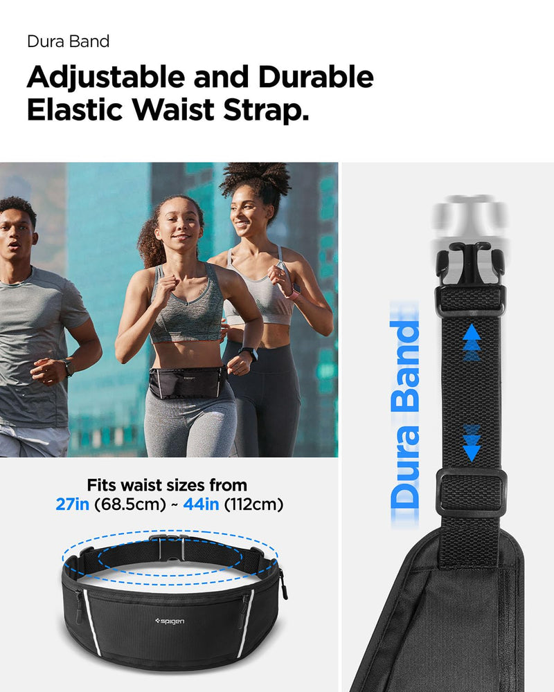 Spigen Life A710 Dynamic Shield Slim Running Adjustable Waist Belt Fanny Pack for Men & Women, Phone Holder, Lightweight, Water Resistant, Reflective, Bounce-free for Running, Jogging, Sports - Black