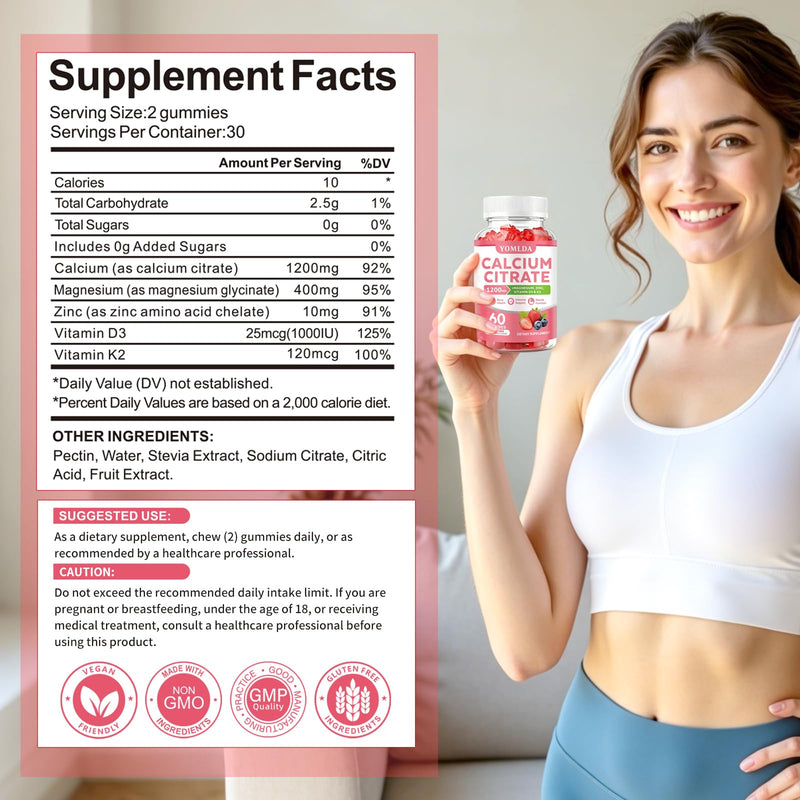Calcium Citrate Gummies 1200 mg with Vitamin D3 & K2 for Women & Men, Calcium Gummies Sugar Free, Vegan, High Absorption, Easy to Digest for Bone, Muscle & Immune Support, Mixed Berry Flavor 60 Count (Pack of 1)