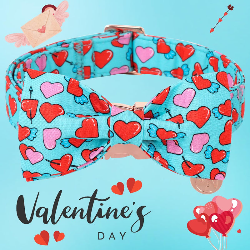 DOGWONG Valentine Dog Collar with Bow, Blue Heart Dog Collar Durable Soft Cotton Pet Dog Collar Cute Heart Valentines Day Puppy Necklace for Small Medium Large Dog Z: blue heart - BeesActive Australia