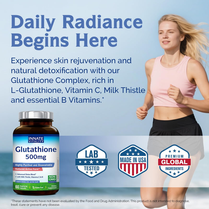 Innate Vitality Glutathione Supplement 500mg, Bioavailable Reduced Glutathione, with Milk Thistle, Vitamin C, B Complex, Immunity Defense, Liver, Antioxidant Support, 60 Capsules 60 Count (Pack of 1)