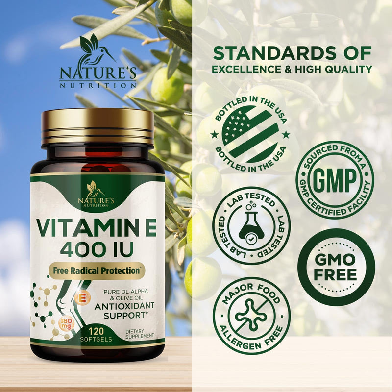 Vitamin E 180mg Per Serving - E Vitamins DL-Alpha, Antioxidant-Rich Dietary Supplement for Skin, Heart, and Immune Support, USA Bottled, Easily Absorbed, Non-GMO & Gluten Free - 120 Softgels 120 Count (Pack of 1)