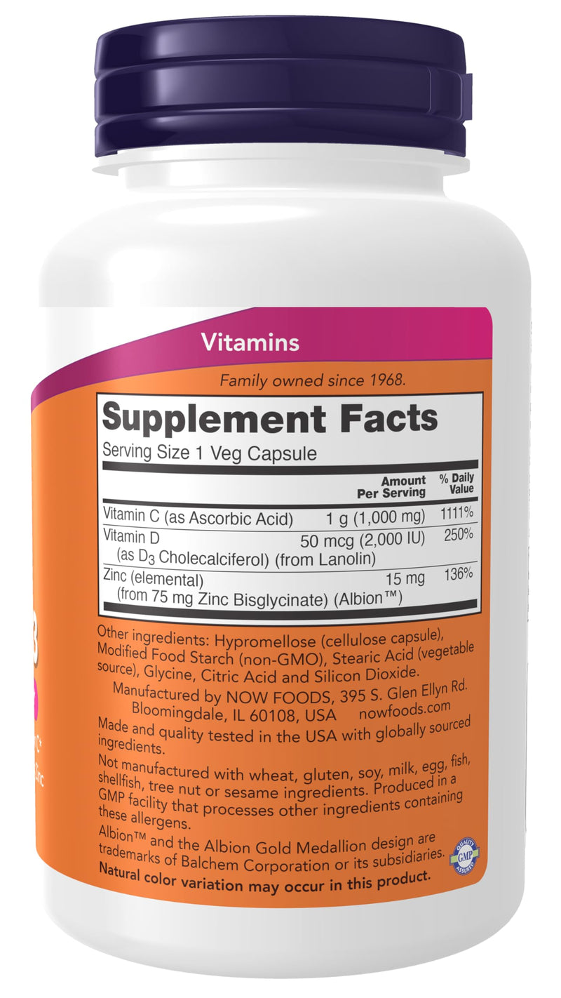 NOW Supplements, C-1000 Zinc & D-3, Seasonal Immune Support*, 100 Veg Capsules - BeesActive Australia