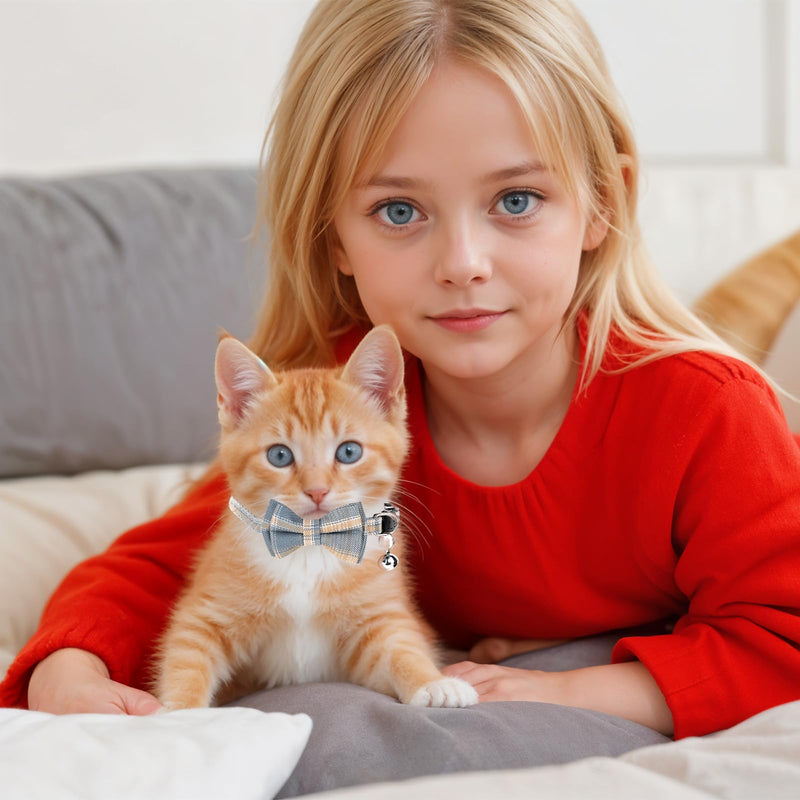 2 PCS Bow Tie Cat Collar with Bells Cat Collar Breakaway Cute Bowtie Plaid Cat Collar with Cat Buckle Soft Adjustable Kitten Accessories for Indoor Cats Puppy and Small Pets Blue and White Plaid - BeesActive Australia