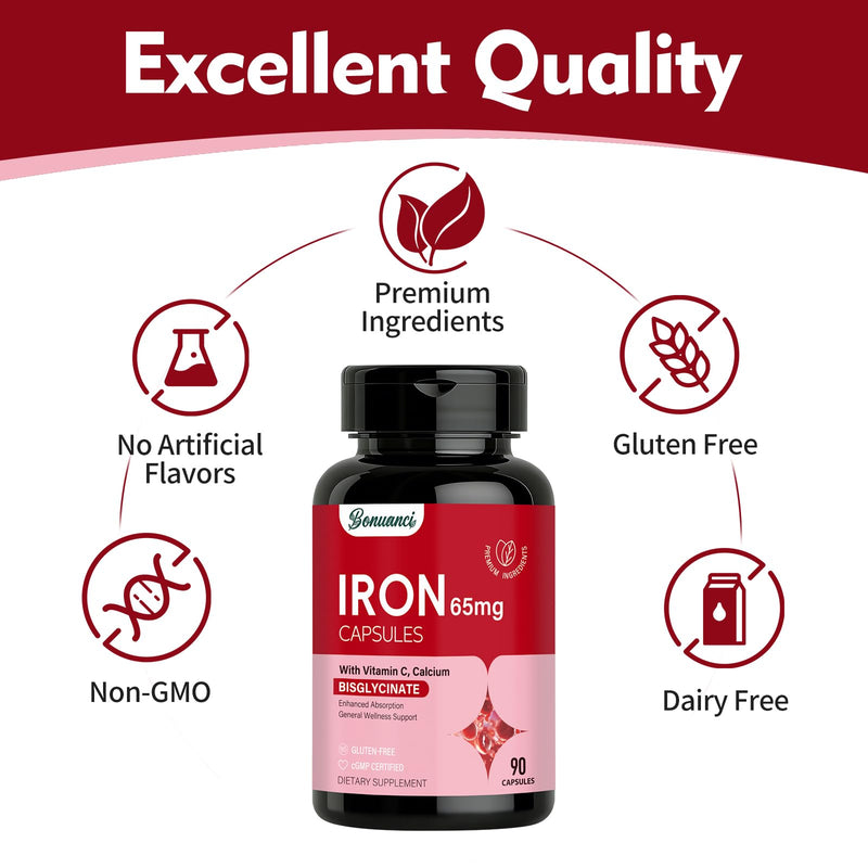Iron Supplement - Iron 65mg High Absorption Iron Bisglycinate with Vitamin C, Calcium, Gentle Iron Pills for Women Men - Non GMO & Gluten Free, Stomach Friendly, 90 Capsules 90 Count (Pack of 1)