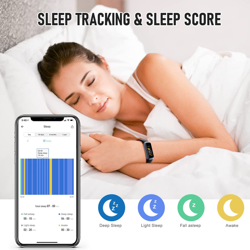 Fitness Tracker, Activity Trackers with 24/7 Heart Rate, Blood Oxygen Blood Pressure Sleep Monitor, Step Counter with 1.1" AMOLED Touch Color Screen, Calorie Pedometer Health Smart Watch for Women Men black