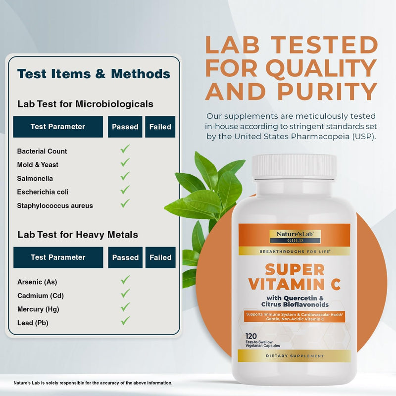 Nature’s Lab Gold Super Vitamin C 1000mg – Immune System Support – Contains Bioflavonoids Complex & Quercetin – Non-Acidic, Non-GMO, Gluten Free, Vegan – 120 Capsules (2 Month Supply)