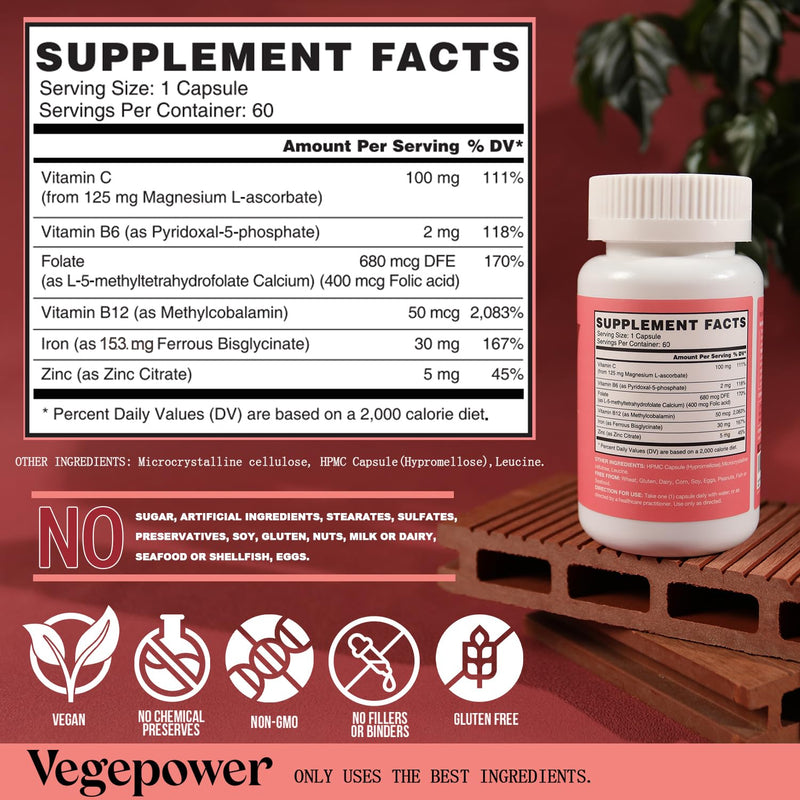 Iron Bisglycinate Supplement for Women - 30mg Iron, 60 Vegan Caps | with Vitamin C, B12, Folate for High Absorption, Chelated Iron for Anemia & Energy Support - Gentle on Stomach, Non-GMO Unflavored 60 Count (Pack of 1)