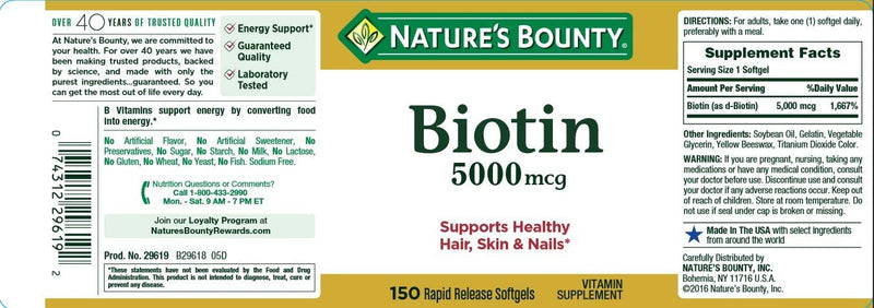 Natures Bounty Biotin 5000mcg 150 Rapid Release Softgels (Value Pack of 3) 1 Count (Pack of 450)