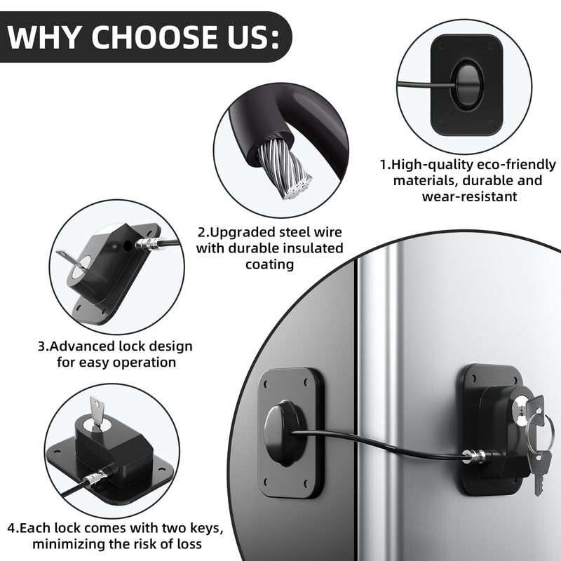 Refrigerator Lock 2 Packs, Fridge Lock with Silicone Wire Protection Fridge Locks for Kids Easy to Use and Install Cabinet Locks with Key, Black - BeesActive Australia