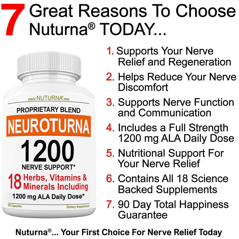 Neuroturna Support Supplement with 1200 mg Pure Alpha Lipoic Acid - Maximum Strength Formula with ALA + Vitamins + Minerals + Herbs - Best Natural Support - 180 Capsules