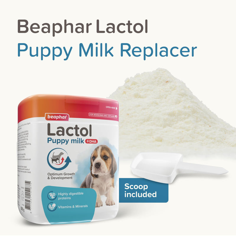Beaphar - Lactol Puppy Milk 500g - Milk Replacer & Complete Feed for Newborn & Weaning Puppies – For growth & development – Contains DHA, Vitamins & Minerals – Ideal for Hand-Rearing – Use from Birth 500 g (Pack of 1)