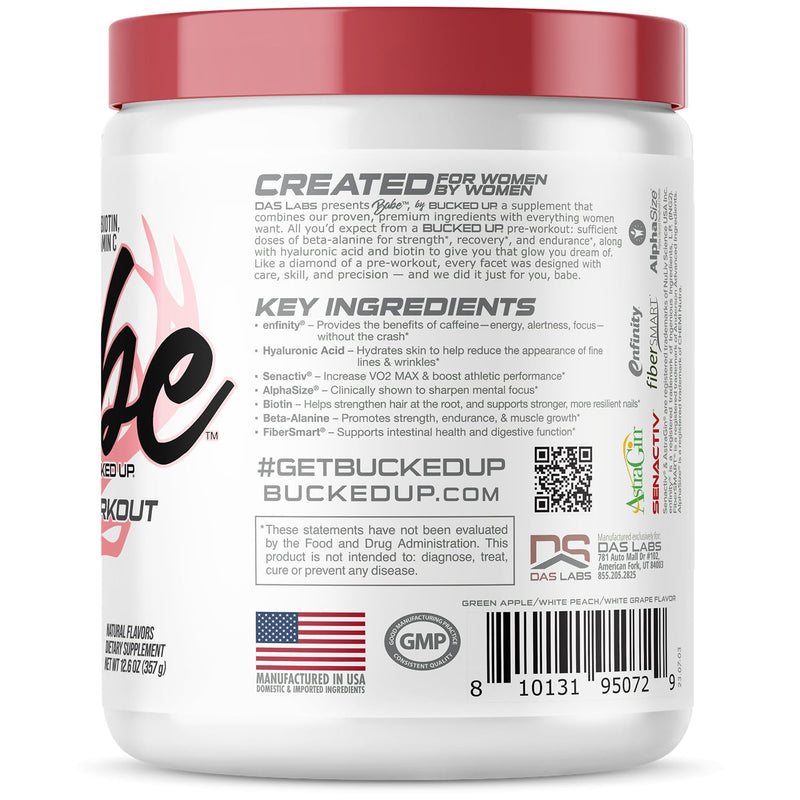 Babe Pre Workout powder for Women | Sparkling Orchard | 6g Citrulline, 2g Beta-Alanine, 100mg Hyaluronic Acid, 5mg Biotin and 5 other registered trademarked ingredients | 30 servings | 12.6 OZ