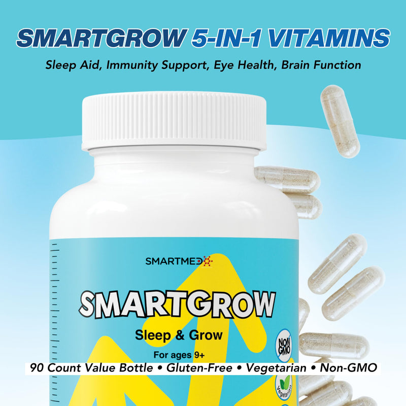 SmartGrow Premium Growth Formula for Teens – Bone, Brain, Sleep & Eye Support – Calcium, Vitamin D3, L-Theanine – Daily Wellness Supplement (180 Capsules) – 3 Month Supply 90 Count (Pack of 2)