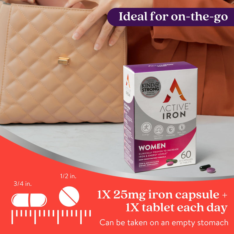 Active Iron Supplement  25mg + Multivitamin for Women, Gentle on Stomach | Clinically Proven Iron Pills & Multivitamin, Increase Iron & Fight Tiredness, Non-Constipating, 60 Capsules + 60 Tablets 60 Count (Pack of 2) Woman