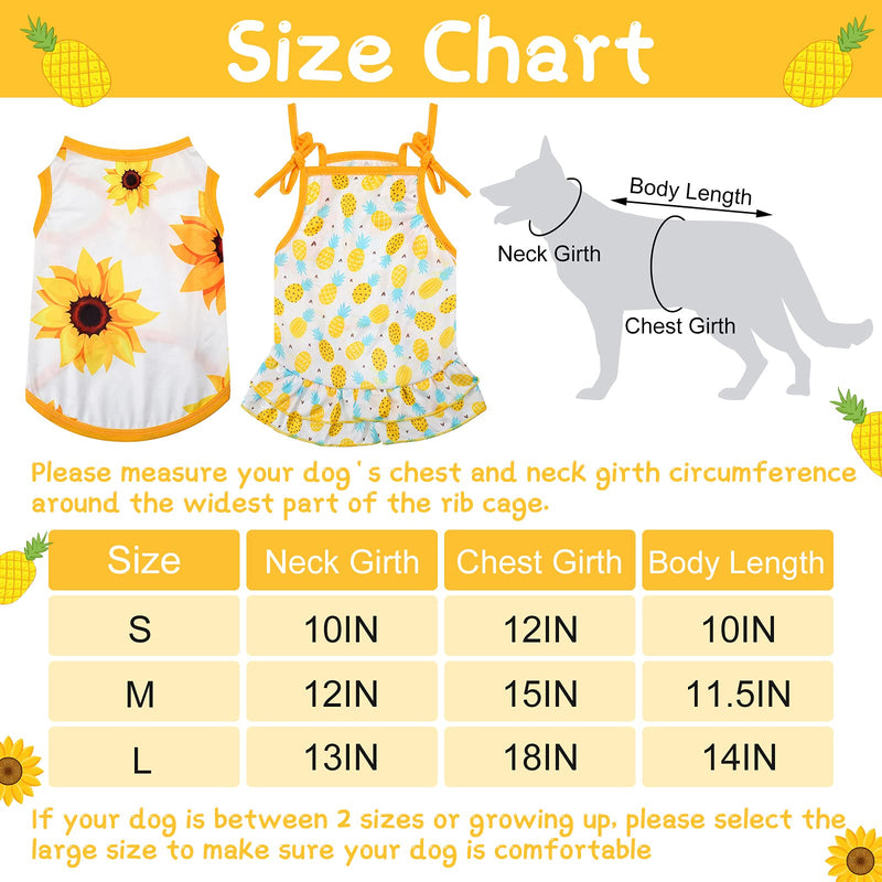 4 Pieces Pet Clothes Set Include 2 Pieces Cute Pet Dress Lovely Fruit Dog Dress and 2 Pieces Dog Shirt Breathable Pet T-Shirt Puppy Clothes for Pet (Pineapple, Sunflower,Medium) Pineapple, Sunflower Medium