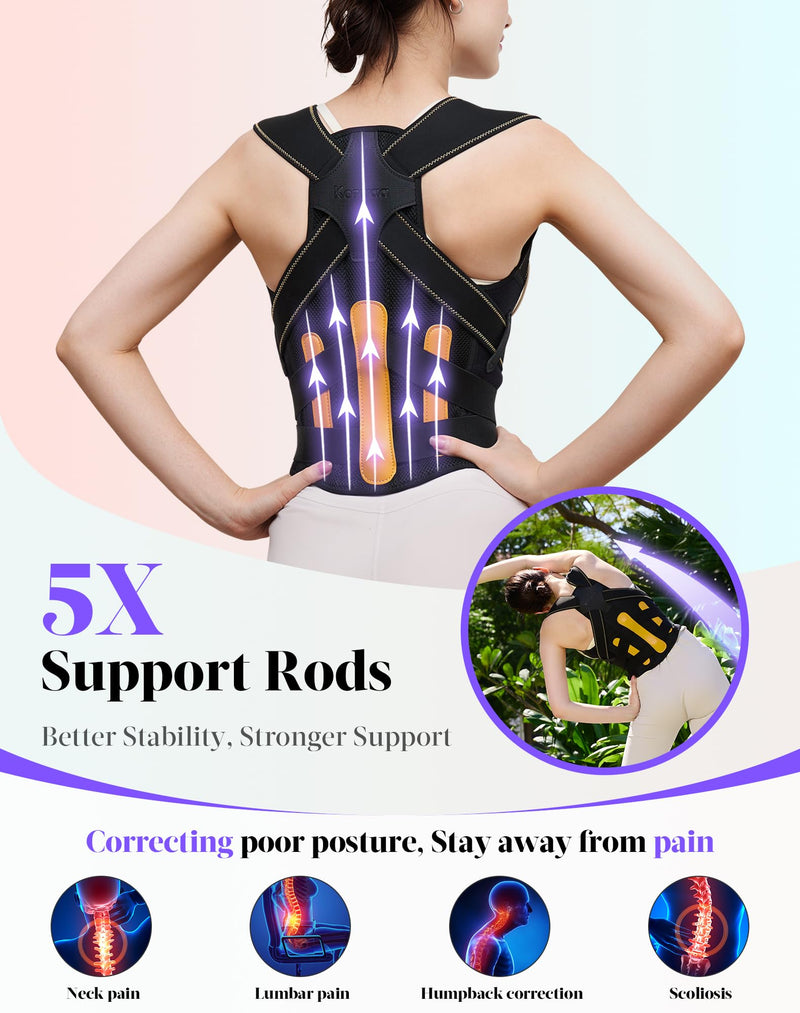 Posture Corrector for Women and Men, 5 Full Back Support Brace Rods, FSA&HSA Eligible, Adjustable Shoulder Straightener, Improving Hunchback Posture, Upper and Lower Back, Neck Pain Relief, Large Black Yellow - BeesActive Australia